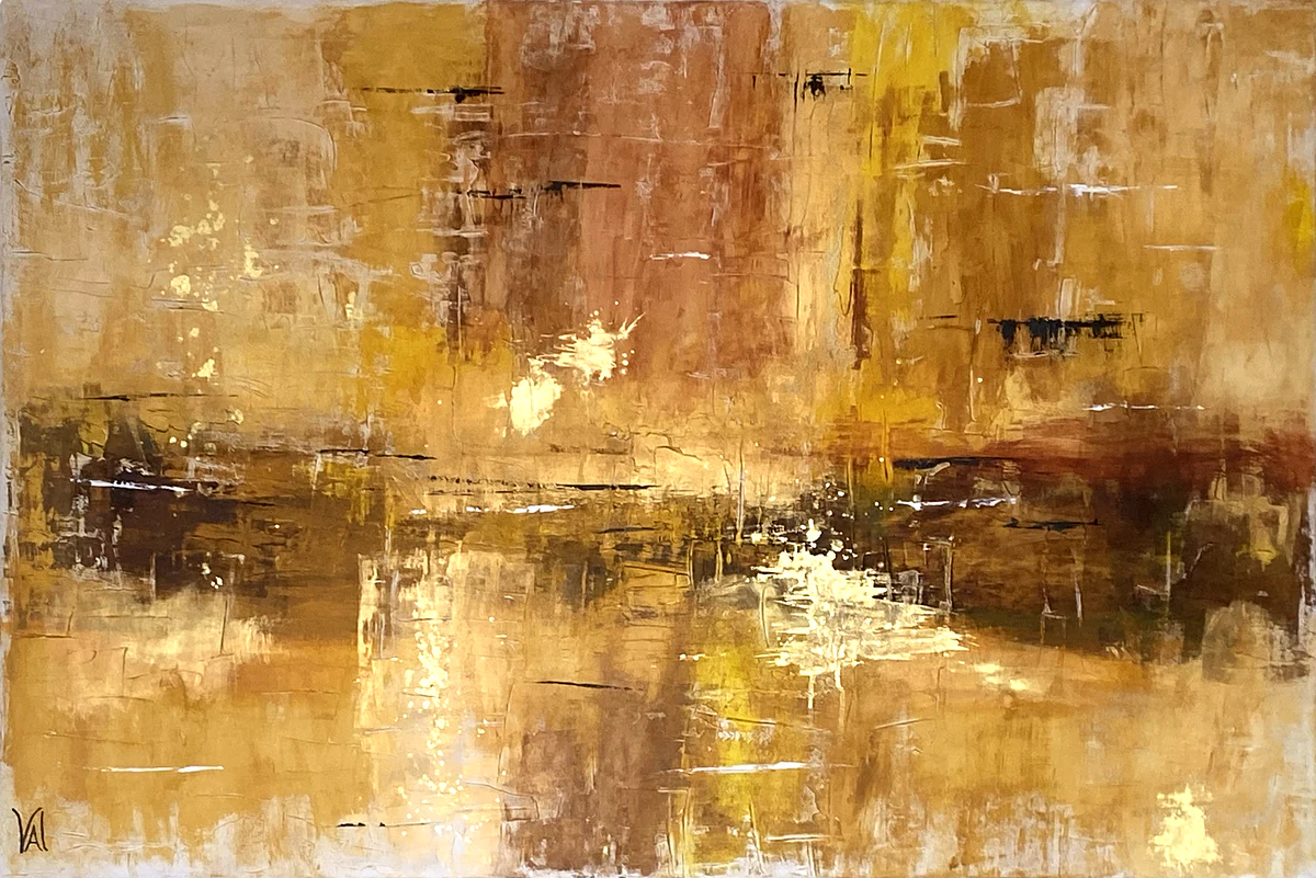 After The Burn: layered ochre, gold and amber with a dark burnt-brown band across the middle and scratched white marks.