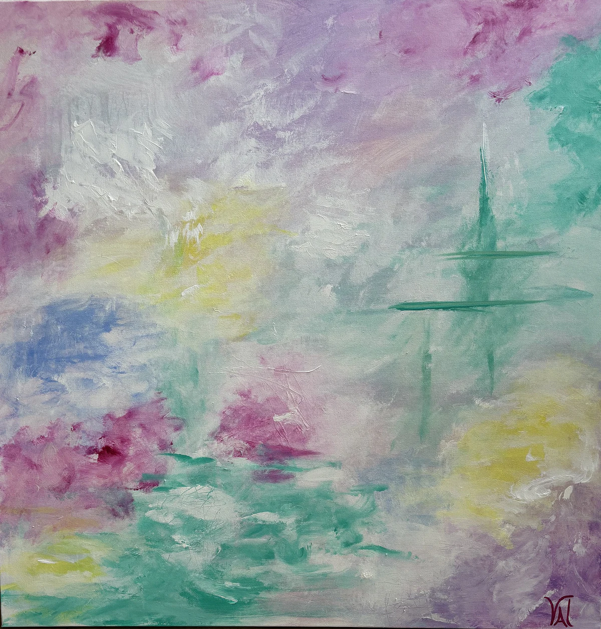 Fairy Floss: soft drifts of pink, lilac, mint and butter yellow, crossed by a few fine green lines.