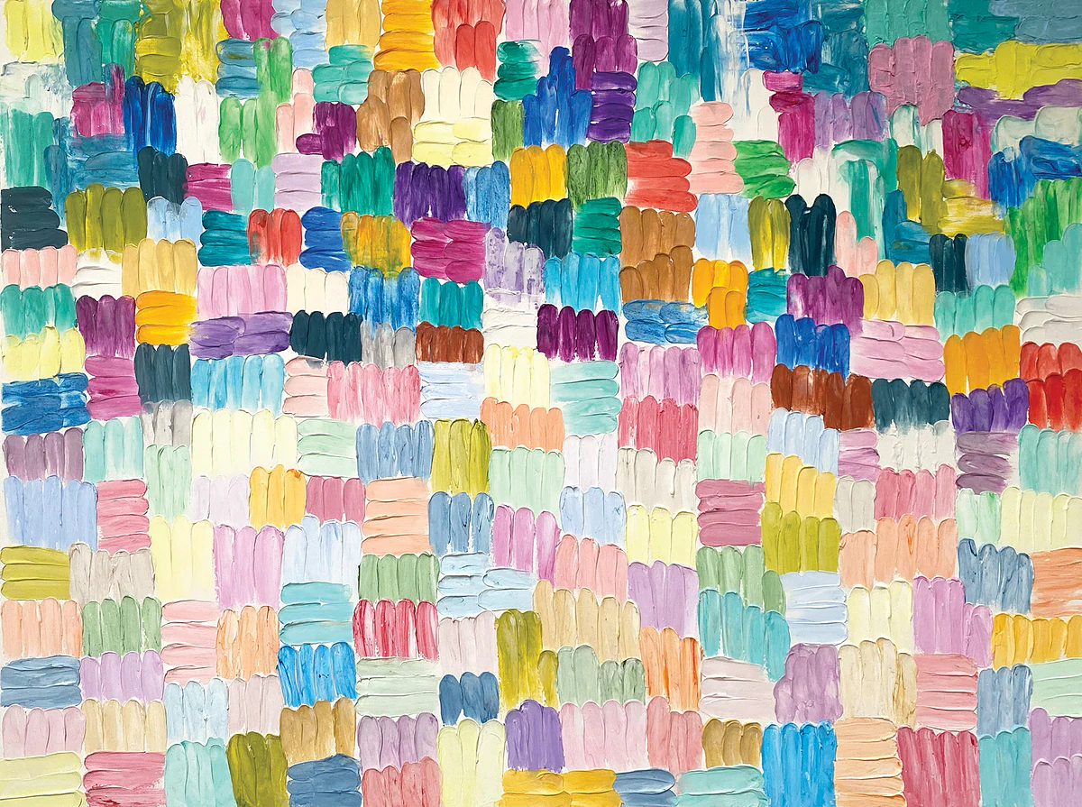 From Chaos to Calm: rows of small, thick blocks of bright colour that crowd together at the top and thin out into white below.