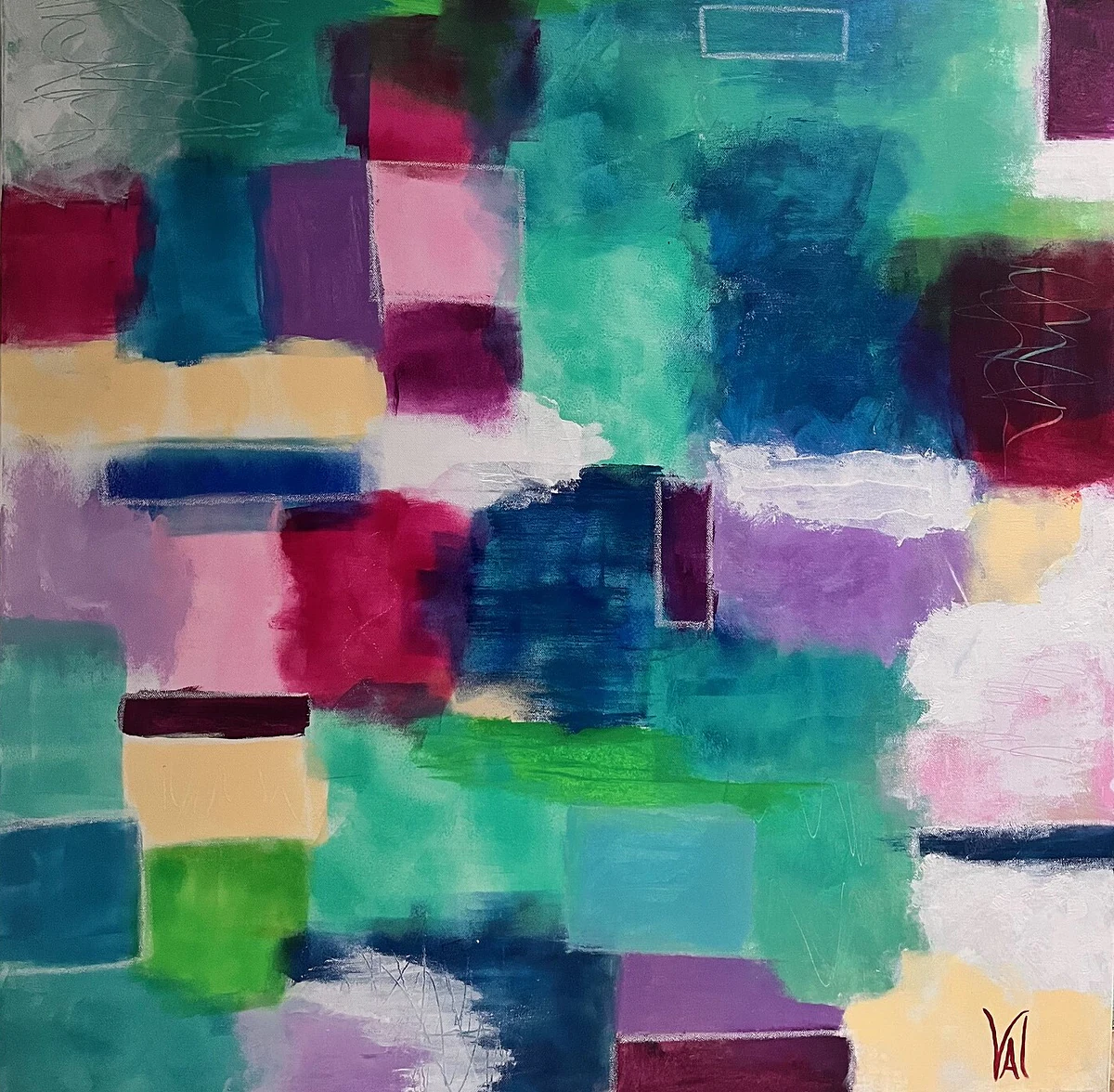 Grandmother’s Quilt: patchwork blocks of teal, magenta, violet, pink, butter yellow and green, softly overlapping like squares of fabric.