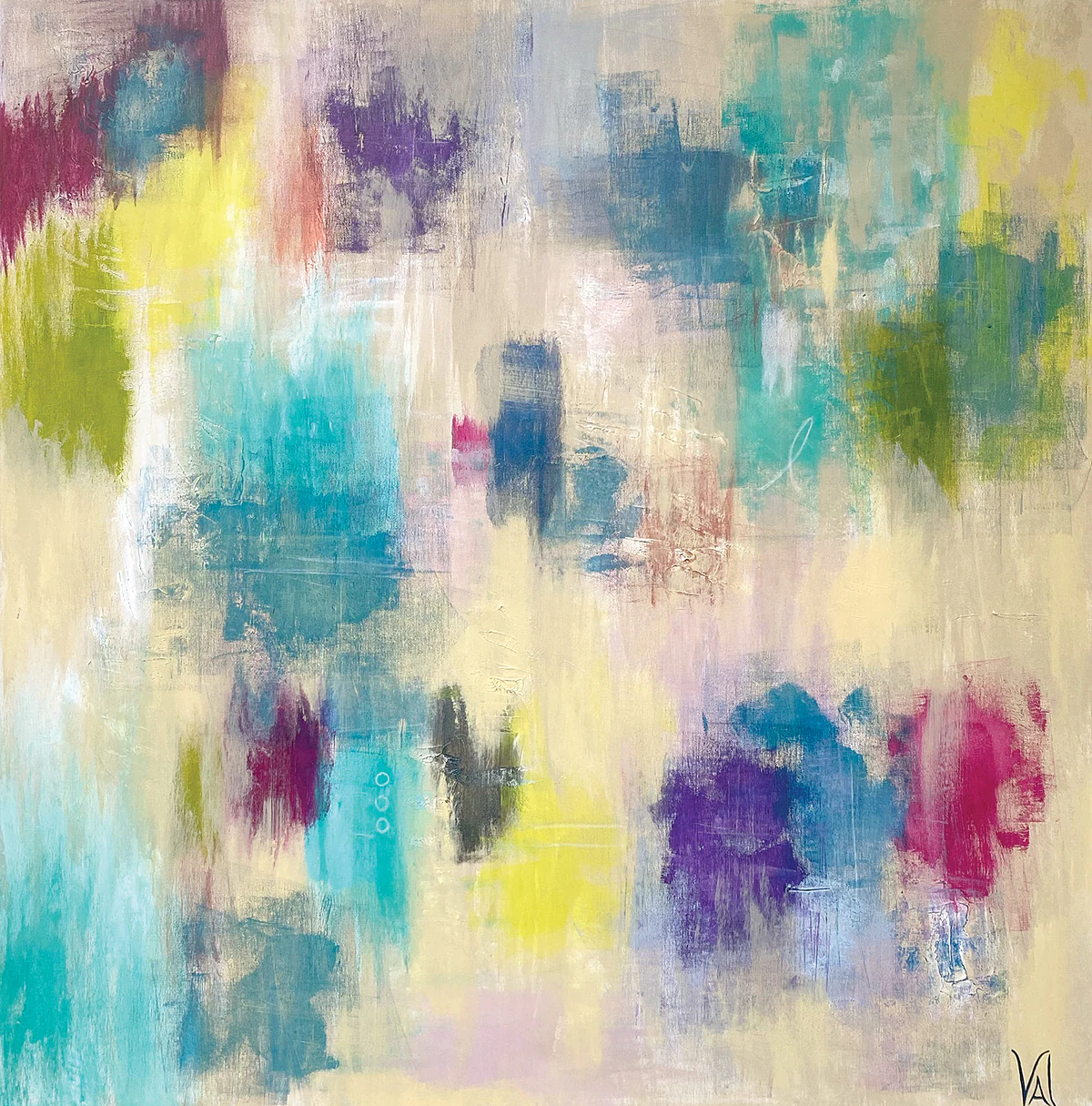 Prism: soft-edged patches of turquoise, violet, magenta, olive and yellow floating on a pale cream ground.