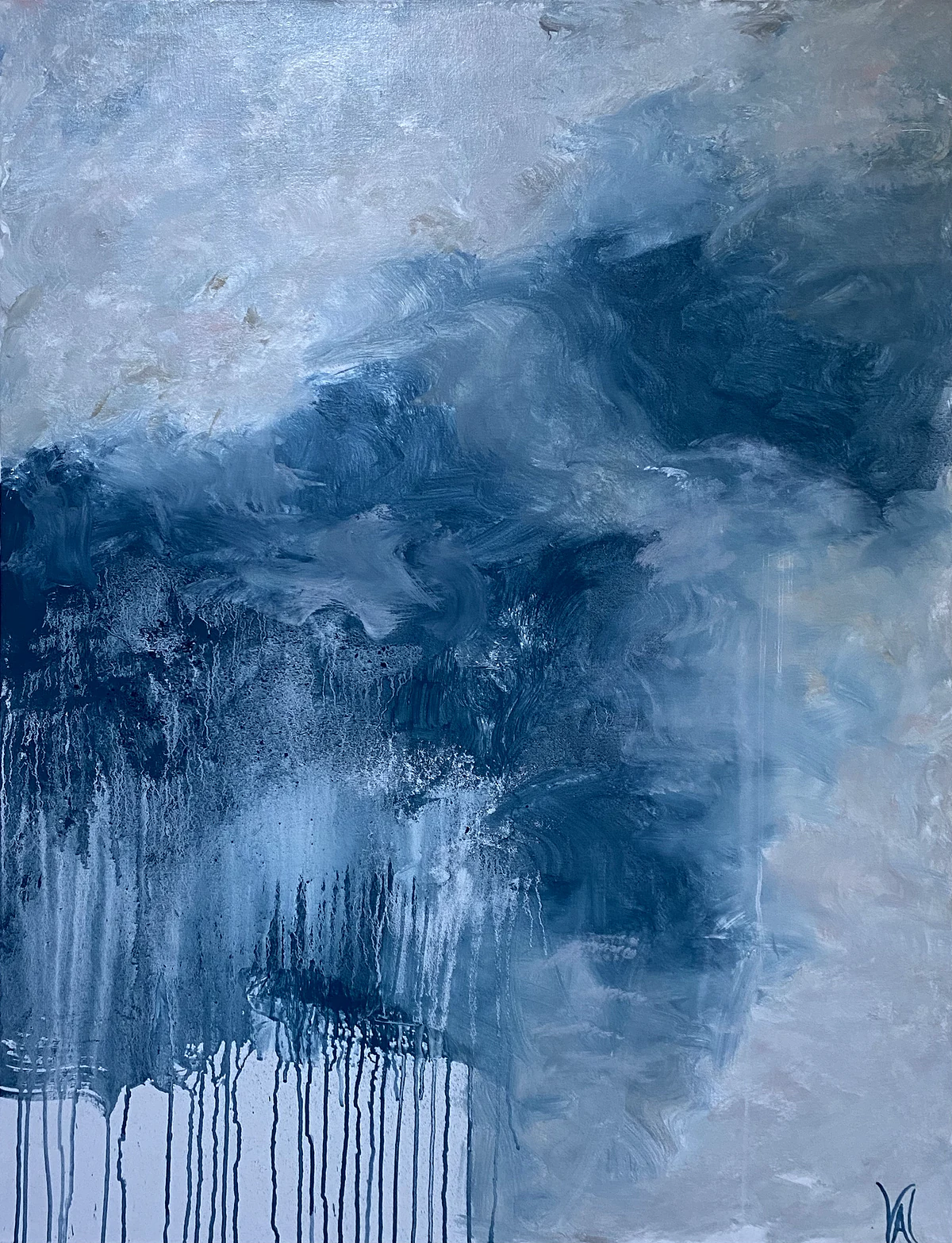 Storm Tossed: heavy navy and slate-blue cloud forms over a pale grey-blue ground, with paint drips along the lower edge.