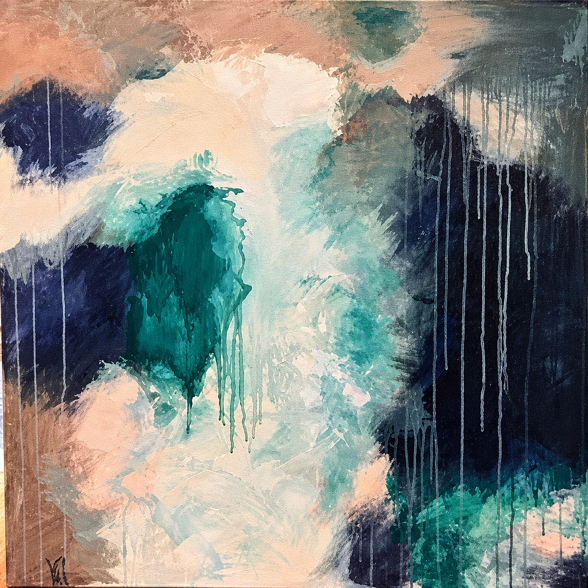 Tidal Pool: pools of deep teal and near-black spreading through cream and sand tones, with drips running down.