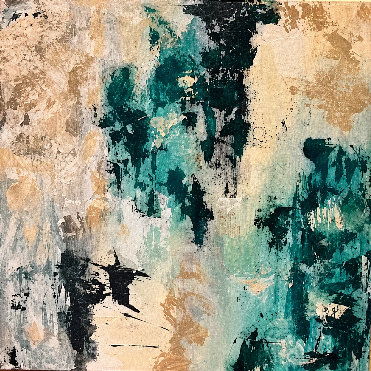 Whispers Through Stone: broken patches of teal, deep green and black scattered over warm sand and cream.