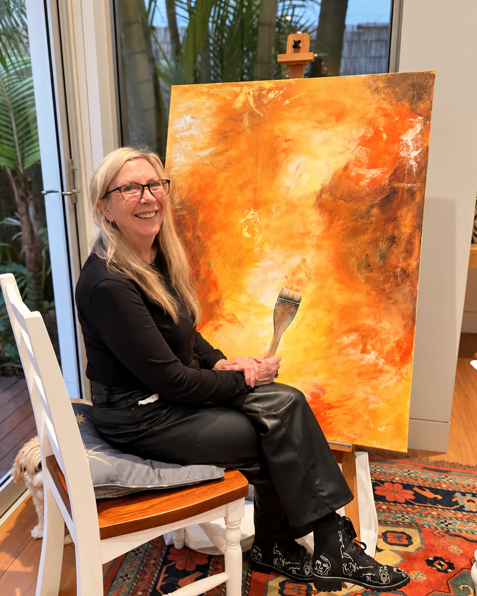Val Davis smiling, seated in her home studio beside a large orange and gold painting, holding a brush.